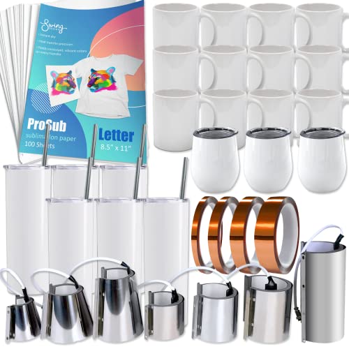 Brother SP-1 Dye-Sublimation Printer Bundle with 7-in-1 Pink Tumbler, Mug & Cup Press, Full Ink Set, 310 Sublimation Transfer Sheets, Sublimation Blanks, Tape and More