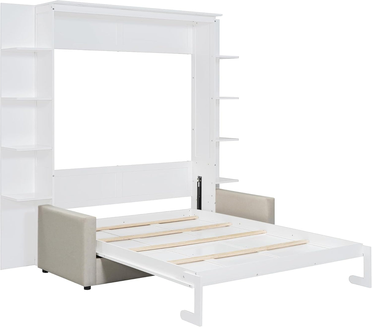 Virubi Queen Murphy Bed with Couch and Storage Shelves,Wood Murphy Bed Cabinet with Storage Shelves and Sofa,Folding Murphy Wall Bed Queen Size (White) Virubi