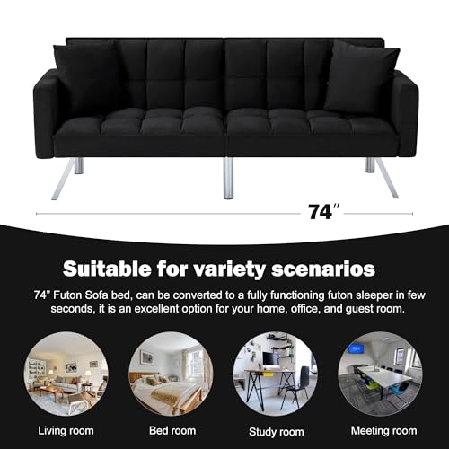 78" Modern Sofa Bed Futon,Convertible Sleeper Bed Couch with 4 Reclining Backrest,Comfy Velvet Cloud Sofa Loveseat for Living Room Bedroom Office (Black) Anwick