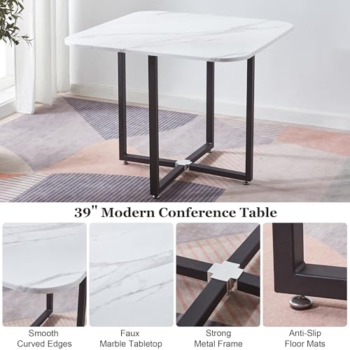 Square Dining Table Set for 4, 39" Small Conference Tables Set, Faux Marble Negotiation Table with Strong Metal Frame and 4 White PU Leather Upholstered Chairs, for Meeting Room, Office, Apartment AMHDDT