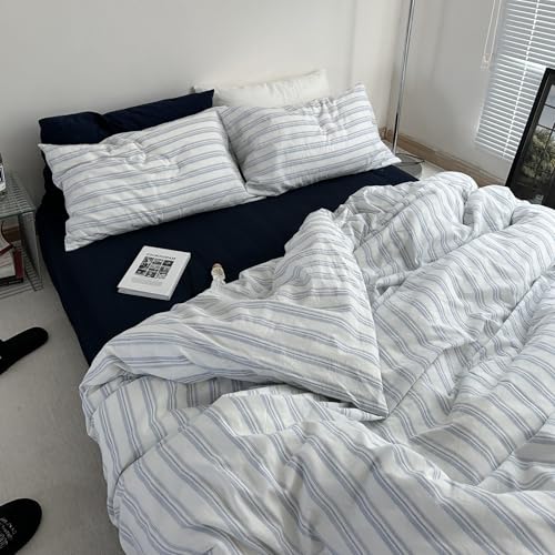 VM VOUGEMARKET Striped Comforter Set Twin XL Ticking Vertical Stripes Bedding Set Minimalist Neutral Comforter for College Dorm,Demin Blue&White VM VOUGEMARKET