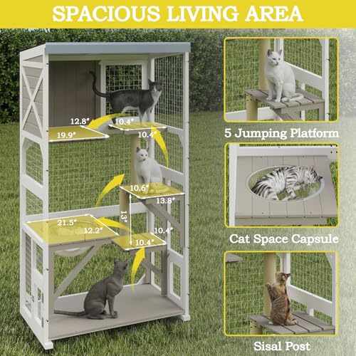 Mayugardening Catio Outdoor Cat Enclosure,Outdoor Cats House with 5 Platforms & Space Capsule,Wooden Cat Catio Cats Enclosure with Weatherproof Oxford Cloth Roof & 4 Wheels,Grey mayugardening
