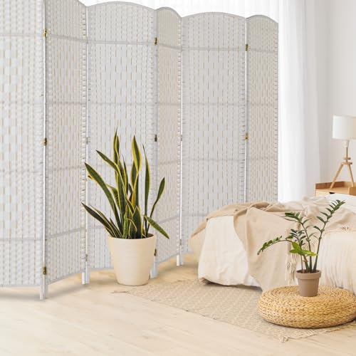 VINGLI 6-Panels Tall Rattan Room Divider, 6 FT Folding Privacy Screen, Indoor Partition Wall Dividers, Freestanding Hinged Space Separator (White) VINGLI