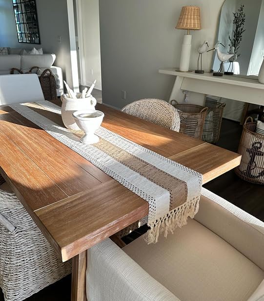 Fexia Boho Table Runner for Thanksgiving Home Decor with Tassels 90 Inch Cream & Brown Macrame Runner for Dining & Bedroom Baby Bridal Shower Decor(12x90 Inches) FEXIA