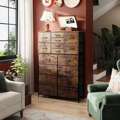 WLIVE 16 Drawers Dresser, Tall Dresser for Bedroom, Closet, Hallway, Storage Dresser Organizer unit, Large Dressers & Chests of Drawers with Fabric Bins, Rustic Brown Wood Grain Print WLIVE