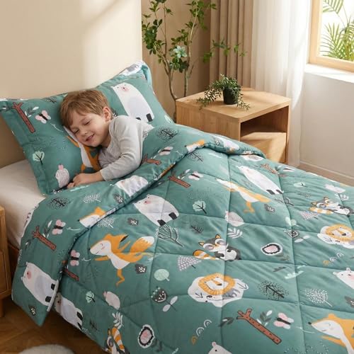 JSD Green Forest Animals Kids Comforter Set Queen Size, 3 Piece Woodland Printed Microfiber Bedding Set, Machine Washable JSD