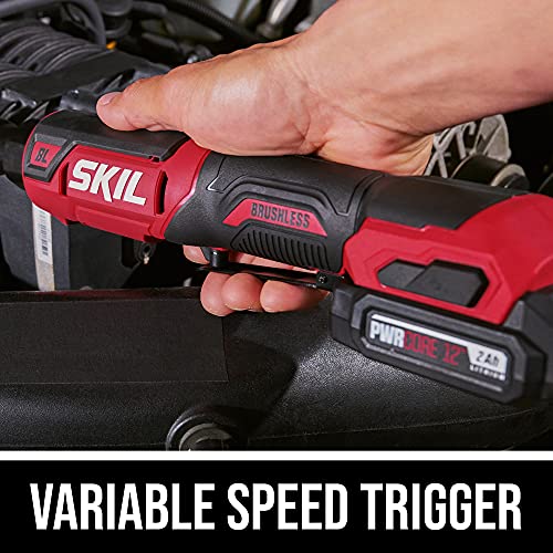 SKIL PWR CORE 12 Brushless 12V 3/8 Inch Ratchet Wrench Kit Includes 2.0Ah Lithium Battery and PWR JUMP Charger - RW5763A-10 Skil