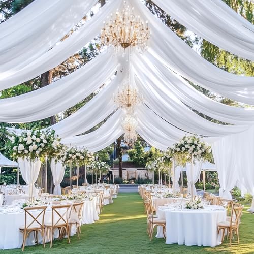 Htper 4 Panels 5x20ft White Ceiling Drapes for Wedding Parties, Wrinkle Free 20ft Long Thick Polyester Wedding Draping Tent Ceiling Curtains Arch Drapery for Birthday Party Tent Canopy Decor Htper