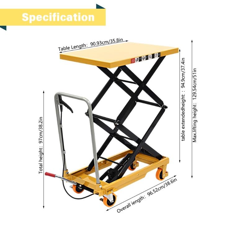 Purptarol Hydraulic Scissor Lift Table, 770lbs Capacity 51" Adjustable Height Double Scissor Hydraulic Lift Table with Wheels for Material Handling and Transportation Purptarol