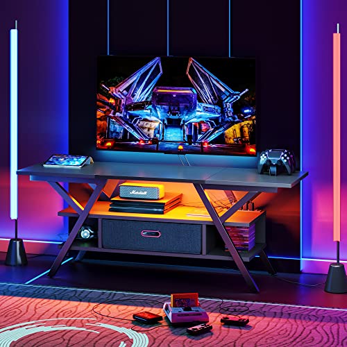 Bestier LED TV Stand with Power Outlets for 65 Inch TV, 55 inch Entertainment Center with Removable Drawer for Living Room Bedroom, Gaming TV Stand 20 Dynamic RGB Modes, Carbon Fiber Black Bestier