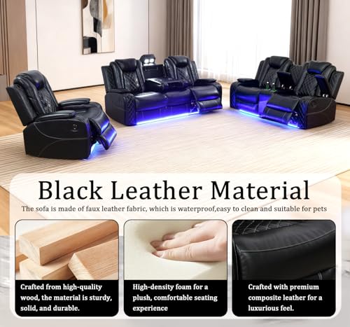 SITYRUBE Power Leather Recliner Sofa Set with LED Lights, Power Reclining Couch Set,Leather Living Room Sofa 3 Pieces with Coffee Table/Cup Holder for House/Home Theater(Black,6 Seater)