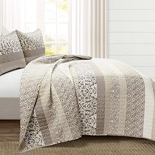 Lush Decor Boho Stripe Reversible Cotton Quilt 3-Piece Set, King, Neutral - Bold Colorful Bohemian Bedding Set Lush Decor