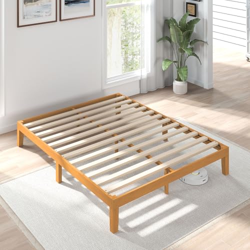Sweetcrispy Solid Wood Bed Frame, Queen Size Bed Base with Wood Slat Support, Sturdy, Stylish & Noise-Free Design, No Box Spring Needed, Easy Assembly, 12 in Natural Pine Sweetcrispy