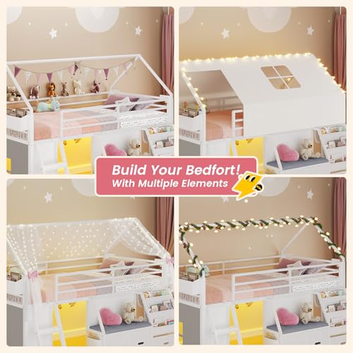 ADORNEVE Low Loft Bed Twin Size with Bookshelf, Reading Nook, LED Kids Loft Bed with 3 Drawers, Under-Bed Play Space, House Loft Beds with Safety Guardrail, Inclined Ladde & Play Curtain, White ADORNEVE