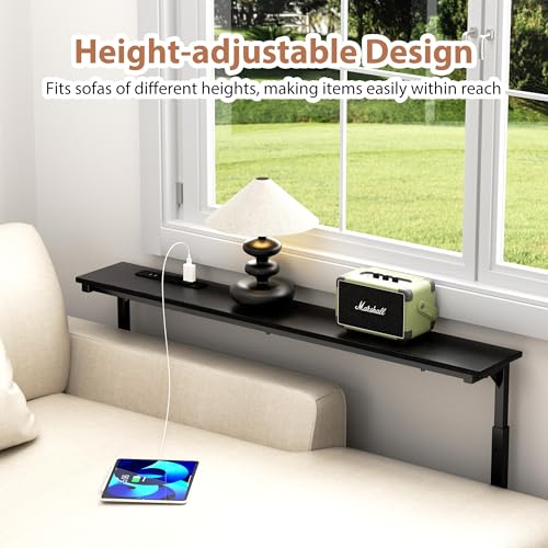 GRLEAF 39" Adjustable Height Narrow Console Table with Power Outlets, Long Sofa Table with Charging Station Behind Couch Table Skinny Entryway Table for Living Room, Hallway and Office – Black GRLEAF