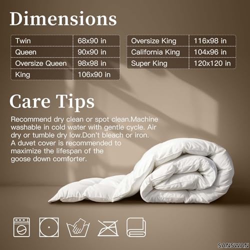 Luxury Goose Down Comforter King Size, 750 Fill Power All Season Fluffy Duvet Insert, 56oz Medium Weight, Soft Cotton Fabric, Hotel Bedding Comforter with Corner Tabs, 106 x 90 Inch SANSWAN