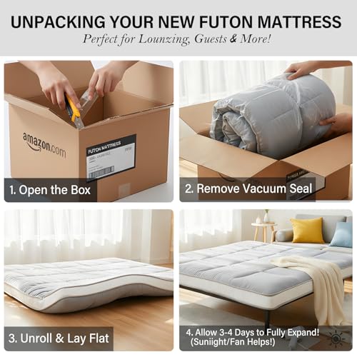 Tiita Queen Memory Foam Mattress Topper, 4" Thicken Futon Floor Mattress with Storage Bag and 2 Straps, Portable Roll Up Travel Car Camping Mattress Sleeping Pad, Grey Tiita