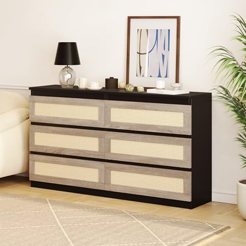Luoxiao Modern Black Rattan 6 Drawer Dresser for Bedroom and Storage Luoxiao