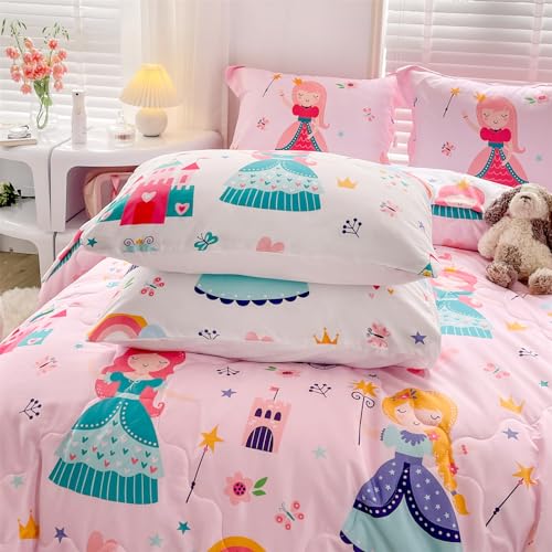 Wajade Kids Pink Princess Comforter Set Bed in A Bag Queen Size 7 Piece Princess Fairy Tales Castle Bedding Set for Girl (1 Comforter, 1 Flat Sheet, 1 Fitted Sheet, 2 Pillowcase and 2 Pillow Sham) Wajade