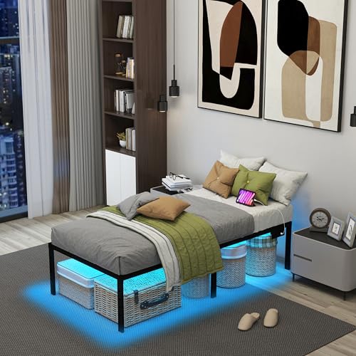 HusDream Twin XL Bed Frames for Kids 14 Inch Twin Bed Frame with LED Lights and Charging Station,Metal Bed with Storage Black Platform Bedsfor Boys Girls,No Box Spring Needed (14 Inch, Twin XL) HusDream