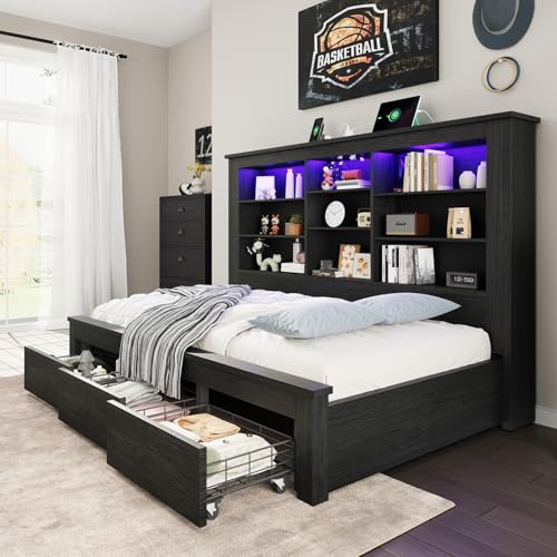 Jocisland Twin Bed Frame with Storage Drawers, Bookcase Headboard, USB Charging, RGB Lights, Farmhouse Wood Daybed, No Box Spring Needed, Black Jocisland