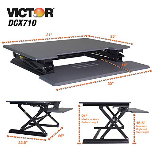 Victor DCX710G High Rise Collection Height Adjustable Standing Desk with Keyboard Tray (Gray) - Sturdy Steel Frame, Dual Lever Release System, 2 Tiered Wooden Work Surface and Keyboard Tray, 31 Inches Victor