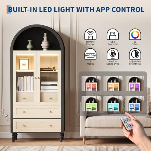 Curtainboro 70in Tall Arched Pantry Cabinet, Wooden Kitchen Bookcase Storage Cabinet with LED Light 3 Drawers Adjustable Shelves Glass Door for Kitchen Living Dining Room, Oak & Black Curtainboro