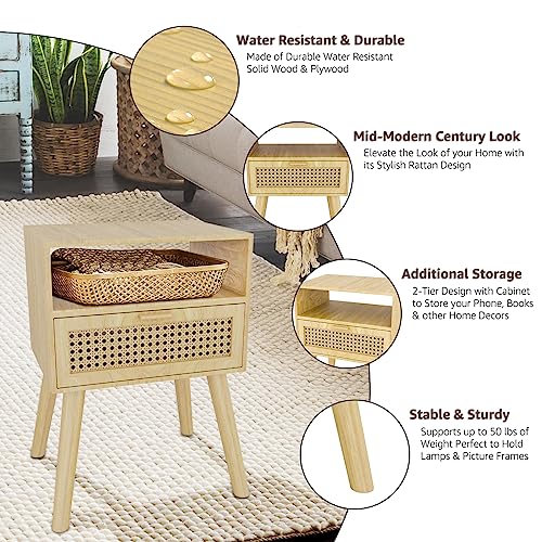 Mid-Century Modern Rattan Nightstand (2 Set), Boho Wood Accent Table with Storage Drawer - Bedside Table for Bedroom or End Table for Living Room, Natural Wood Accent Decor - Light Brown Lifetime Home