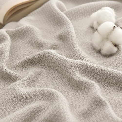 Bedsure GentleSoft 100% Cotton Blanket Queen Size for Bed - Breathable and Lightweight, Soft Cozy Textured Herringbone Woven Blanket for Summer Spring, Linen Beige, 90x90 inches Bedsure