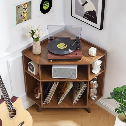 MAHYIZYI Corner Record Player Stand with Charging Station & USB Ports, 3 Tier Mid Century Modern Vinyl Record Storage Cabinet, Wood Turntable Stand for Music Room, Living Room, Small Space (Walnut) MAHYIZYI