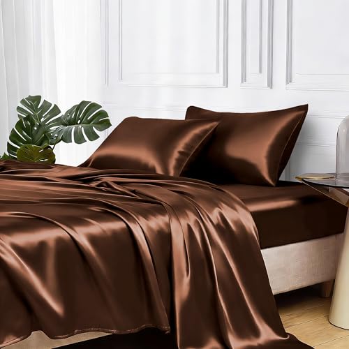 MR&HM Satin Bed Sheets, King Size Sheets Set, 4 Pcs Silky Bedding Set with 15 Inches Deep Pocket for Mattress (King, Brown) MR&HM