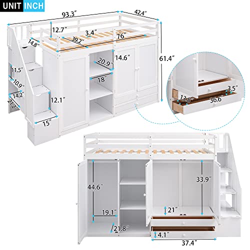 Merax Twin Loft Bed with Stairs, Functional Loft Bed with Wardrobe, Shelves and Drawer, Wooden Loft Bed Frame, No Box Spring Needed Merax