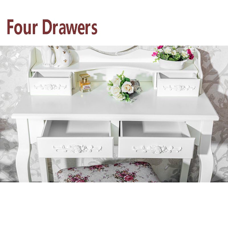Vanity Table Set, 4 Drawers Makeup Table with Oval Mirror & Stool, Bedroom Wood Dressing Table White WoodArtSupply