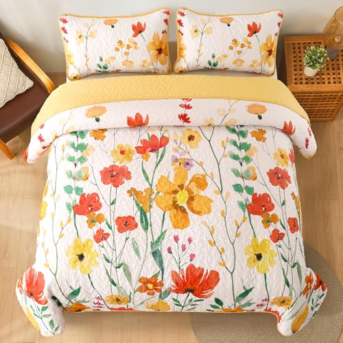 Anibedding Yellow Quilt Set King Size, Yellow Floral Reversible Bedspread Soft Microfiber Lightweight King Size Quilt Bedding Sets Reversible Coverlet for All Season(King, 104"x90") Anibedding