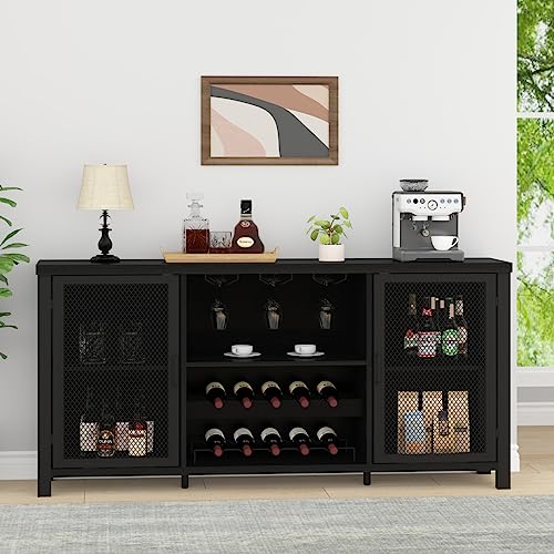 Launica Black Wine Bar Cabinet, Coffee Bar Cabinet with Storage, Farmhouse Kitchen Buffet Cabinet with Rack for Liquor and Coffee, Industrial Wine Cabinet for Home Living Dining Room, Black Oak, 55 In Launica