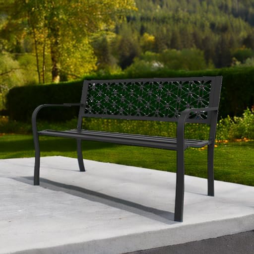 VINGLI 50" Outdoor Bench Metal with Floral Back, Garden Bench Front Porch Benches for Yard Patio Entryway Park Outside, 800lb Capacity - Black VINGLI