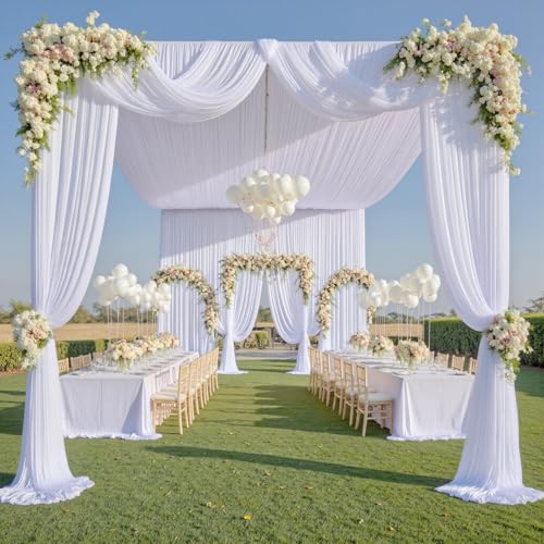 Htper 4 Panels 5x30ft White Ceiling Drapes for Wedding, Wrinkle Free Thick Polyester 30ft Long Canopy Tent Ceiling Curtains Draping Arch Drapery for Birthday Party Event Venue Decoration Htper