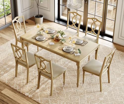 WAMPAT 7-Piece Dining Table Set for 6, Farmhouse Dining Room Set Includes 70 Inch Dinner Table & 6 Cross-Back Dining Chairs, Solid Wood Dining Set for Kitchen, Oak WAMPAT