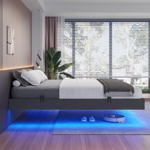 ADORNEVE Floating Queen Bed Frame, LED Bed Frame Linen Upholstered Platform Bed with Underbed Storage Space, Heavy Steel Slats Support, No Box Spring Needed, Noise Free,Dark Grey ADORNEVE