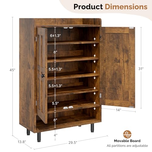 Aivermeil Farmhouse Shoe Cabinet with Doors, 6-Tier Wooden Shoe Organizer with Adjustable Shelves, Entryway Storage Cabinet, Rustic Shoe Storage for Entryway or Living Room (Rustic Brwon) Aivermeil