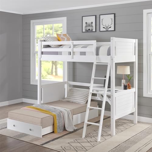 Alaterre Arlington Study Loft Bed with Pull-Out Seating and Storage, Twin Size, Solid Pine Wood and Sturdy MDF, Built-in Desk, Fold-Out Futon for Sleepovers, Guardrails Included, White Alaterre Furniture