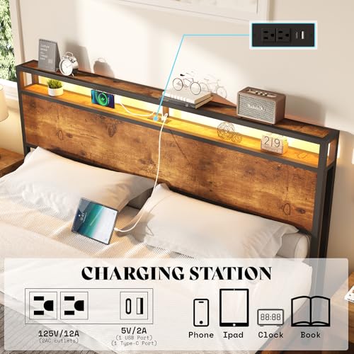 AMERLIFE King Size Floating Bed Frame with 2-Tier Storage Headboard, Metal Bed Frame with Charging Station & LED Lights, No Box Spring Needed, Rustic Brown AMERLIFE