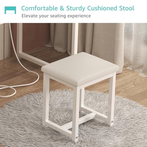 KAI-ROAD White Makeup Vanity Desk with Chair no Mirror, Small Vanity Table with Fabric Drawers, Power Outlet & Stool Without Mirror, Modern Make Up Desk Set for Bedroom KAI-ROAD