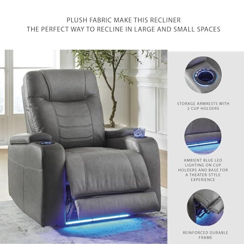 Signature Design by Ashley Schooner Rocks Power Recliner Chair, Faux Leather Upholstery with Adjustable Headrest, LED Cup Holders and Extended Ottoman for Home Theater Comfort