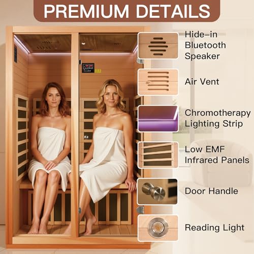 2 Person Infrared Sauna for Home, Low EMF Heater Panels & Chromotherapy Lighting, 1760W/120V, Perfect for Personal Home Sauna for Relaxation and Spa Wellness, 51.18" x 35.43" x 74.8" INFRADELUX