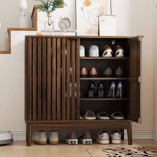 Morwdxef Shoe Cabinet with Slatted Doors, 4-Tier Freestanding Shoe Cabinet Storage for Entryway, Narrow Entryway Shoe Organizer Cabinets with Shelves (Walnut, 31.5" Wide) Morwdxef
