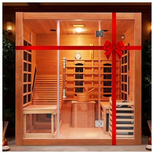 amocane Infrared & Steam Dual-System Sauna Room, 2-3 Person Canadian Red Cedar Wood Sauna with Recliner, Indoor Traditional Home Saunas Spa with 9 Heaters & 6KW Sauna Stove, Oxygen Bar amocane