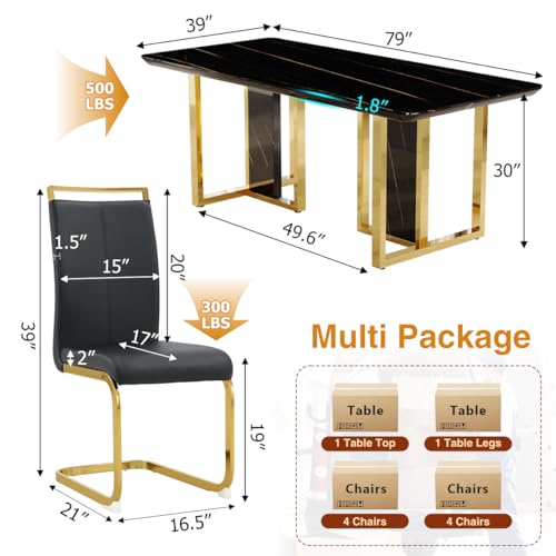 MEMUY 79" Black Modern Dining Table Set for 8,MDF Board Wood Table Top with Golden Metal Legs,Glossy Black Kitchen Room Table Set for 8-10 Person,Dining Room Table with 8 Black Golden Chairs MEMUY