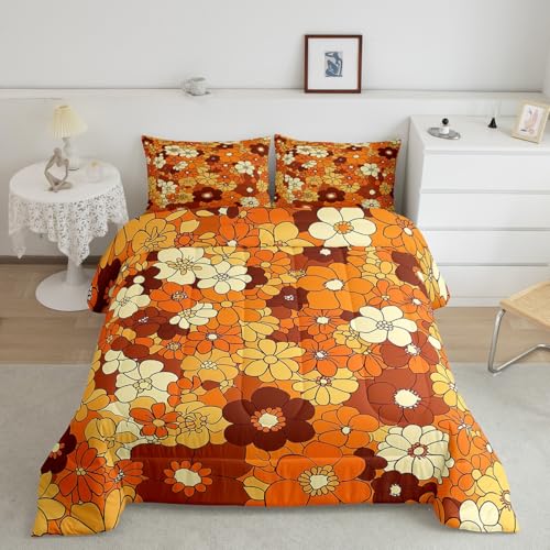 Boho Floral Bedding Set Twin Retro Groovy Flowers Down Comforter 60S 70S Hippie Flower Power Comforter Set For Kids Girls Women Groovy Natural Garden Botanical Quilt Duvet 1 Pillow Case Orange Brown Erosebridal