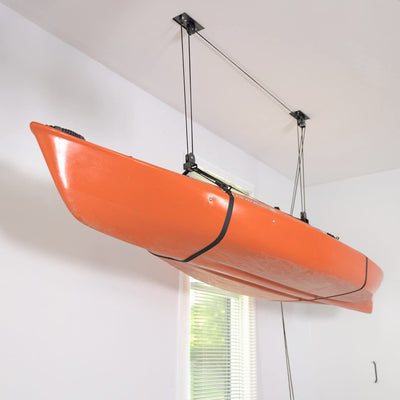 StoreYourBoard Kayak and Canoe Ceiling Hoist – Overhead Garage Storage Rack for Kayaks, Canoes, and Paddle Gear – Heavy Duty Pulley System Indoor Ceiling Mount – Holds 150 lbs, 10 to 14 ft High Spaces